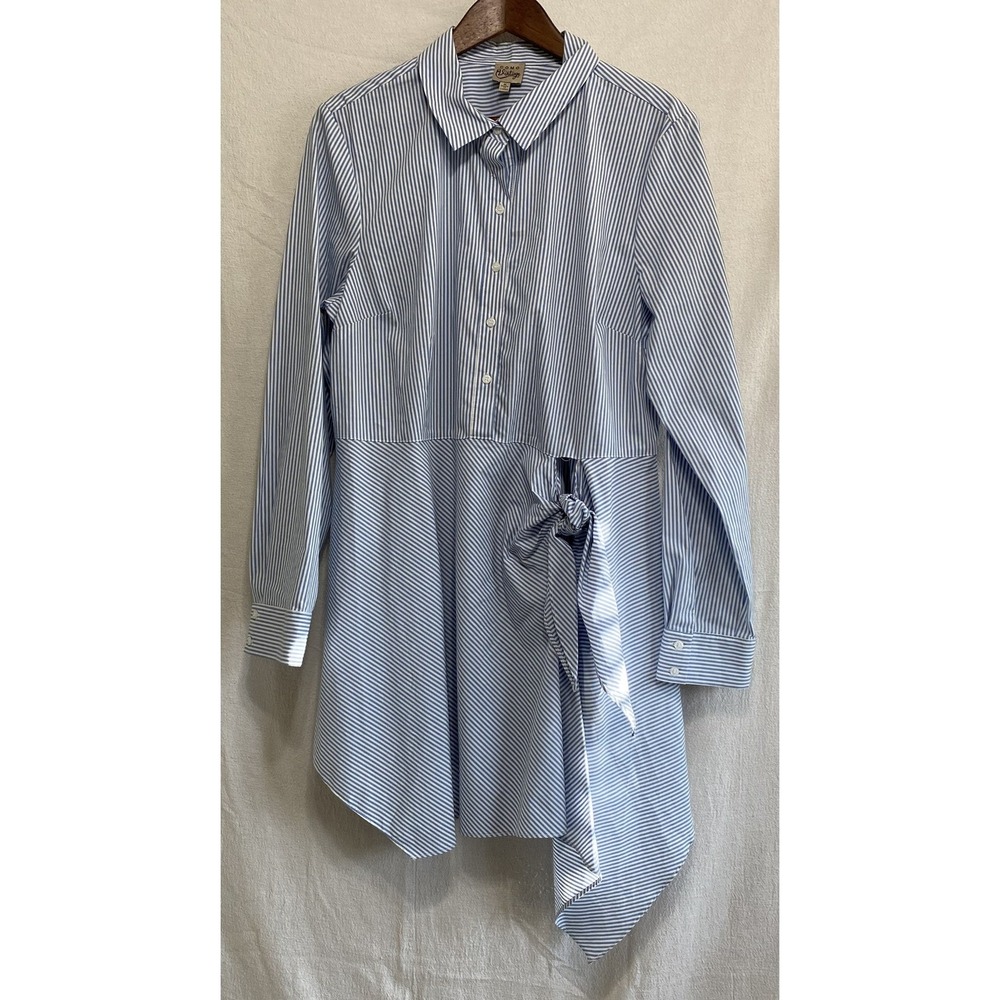 COMO VINTAGE Blue White Stripe Button Up Asymmetrical Tie Tunic Shirt‎ XL